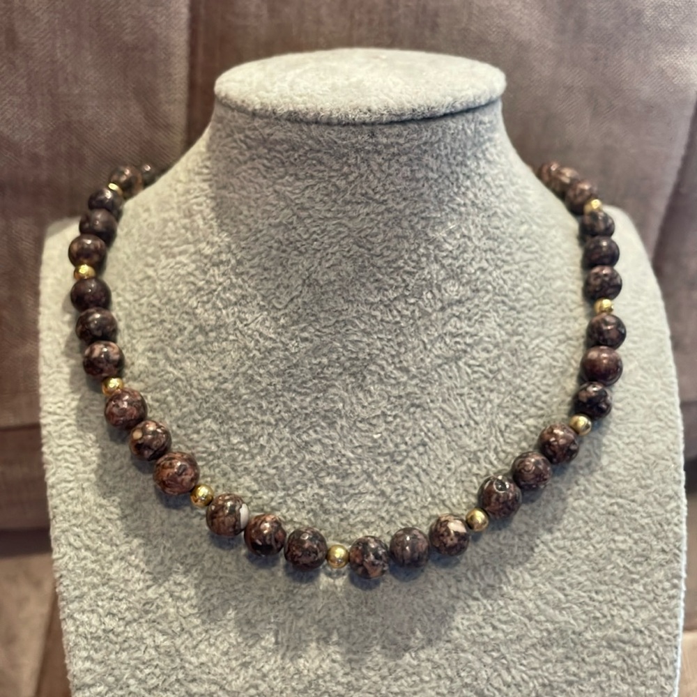 Vintage Leopard Skin Jasper & Gold Beaded Necklace 23”